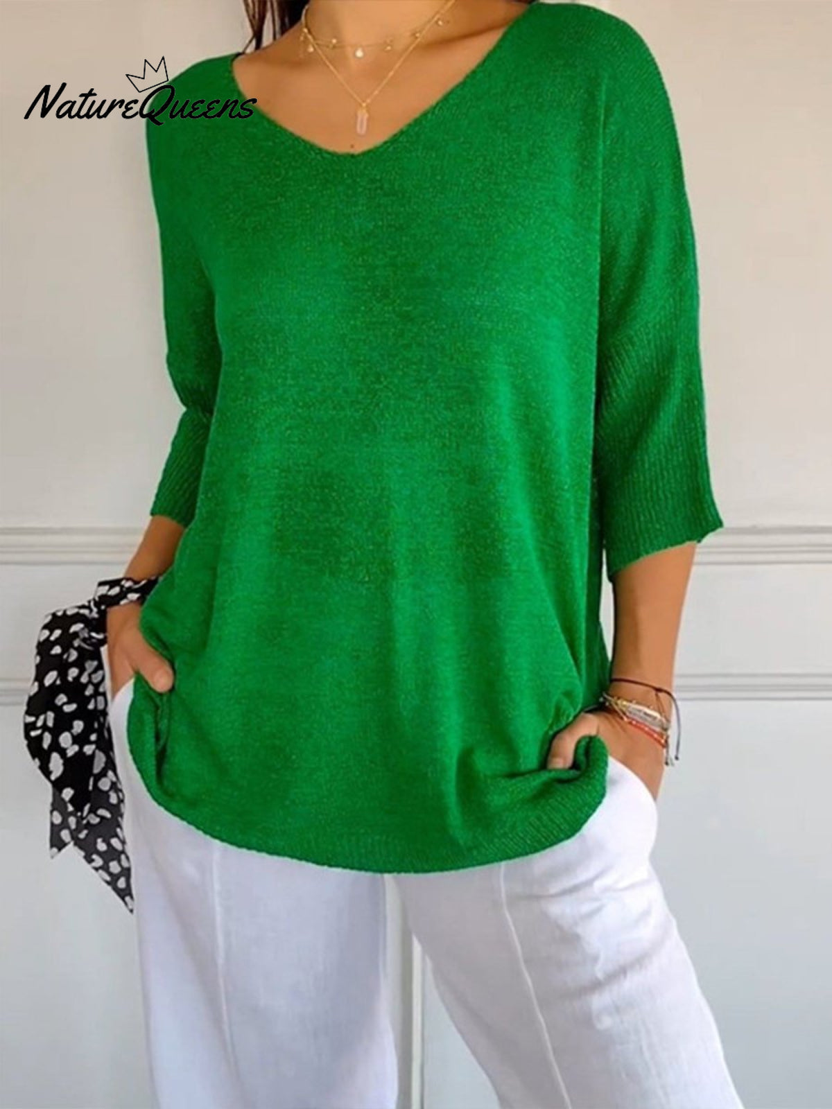 Women’s Solid Color Knitted 3/4 Sleeve V - Neck Top Green / S