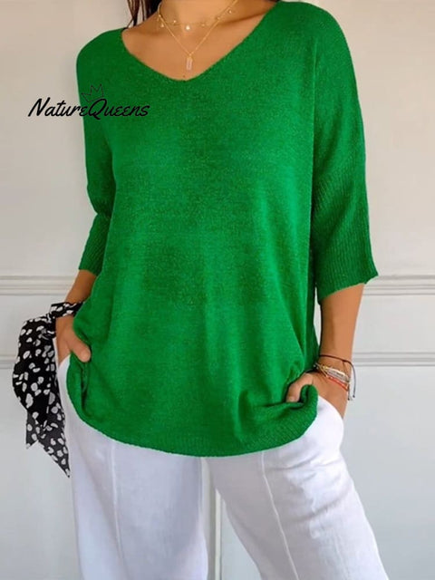 Women’s Solid Color Knitted 3/4 Sleeve V - Neck Top Green / S