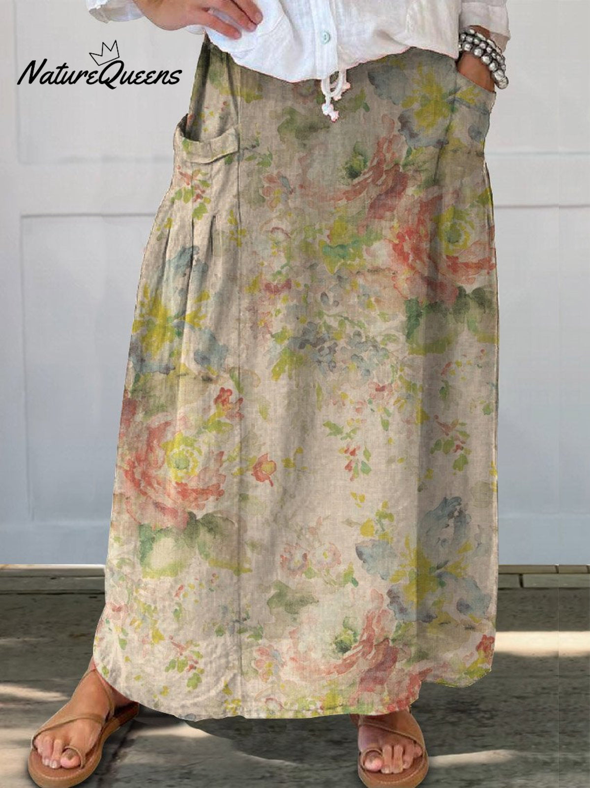 Women’s Retro Floral Watercolor Art Linen Pocket Skirt Multicolor / S