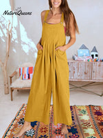 Women’s Solid Color Loose Elegant Casual Cotton Linen Suspender Jumpsuit Yellow / S