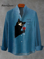 Fun Black Cat Fock That Shat Print 100% Cotton Long Sleeve Shirt