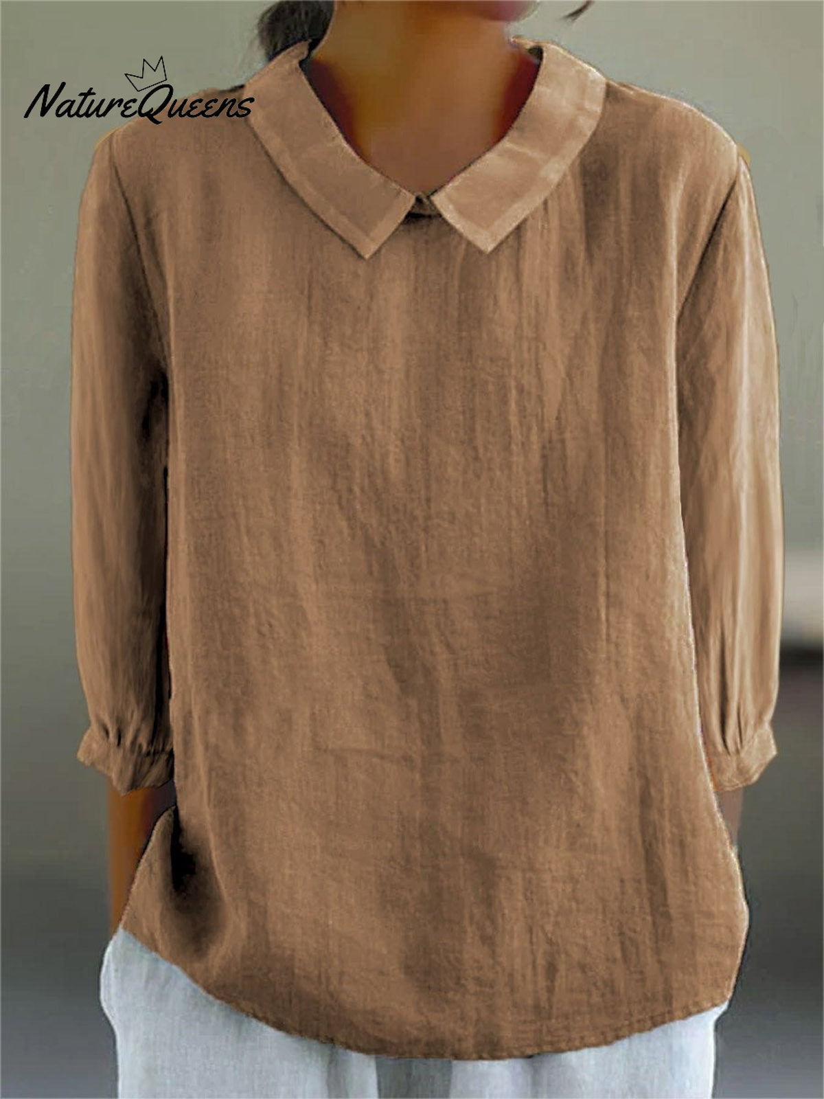 Women’s Solid Color Casual Cotton And Linen 3/4 Sleeve Shirt Khaki / S