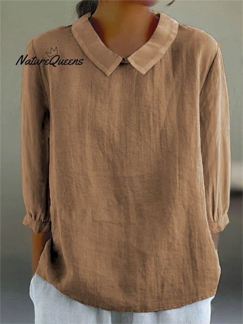 Women’s Solid Color Casual Cotton And Linen 3/4 Sleeve Shirt Khaki / S