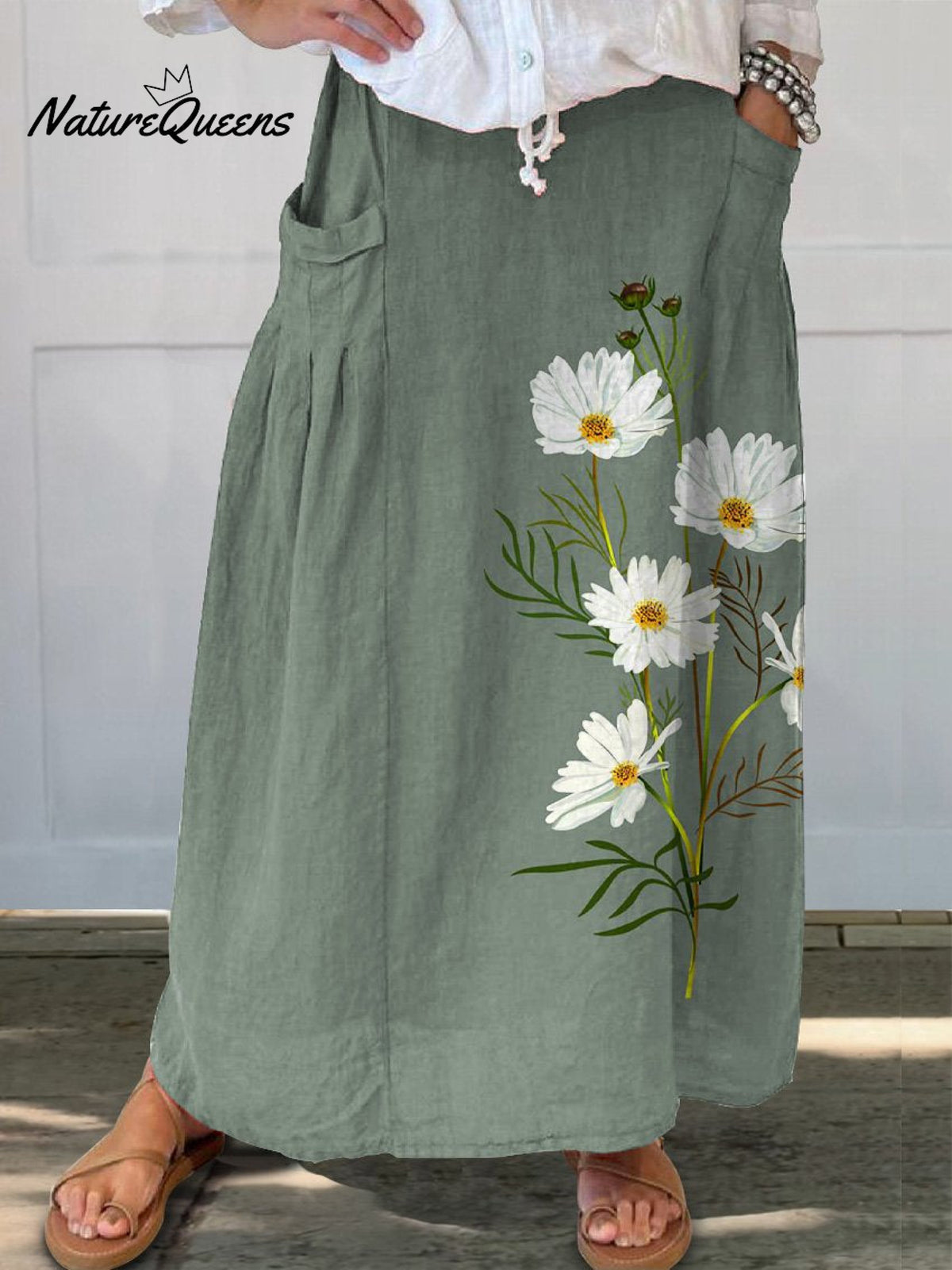 Spring White Daisy Floral Printed Women’s Linen Pocket Skirt Green / S