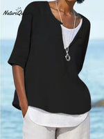Women's Solid Color Loose Elegant Casual Cotton And Linen Mid-sleeve Shirt