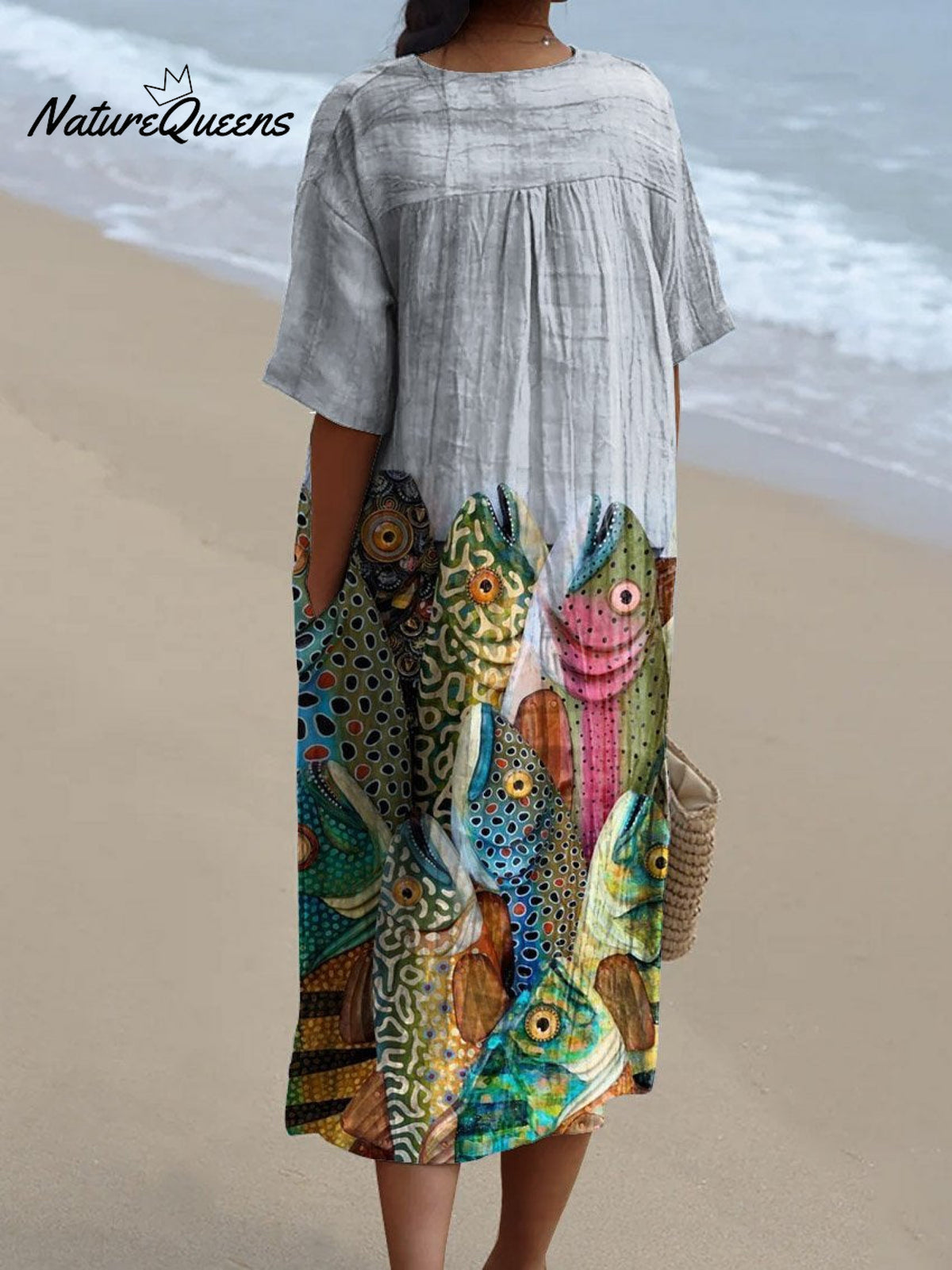 Women's Vintage Fish Art Print Flowy Dress