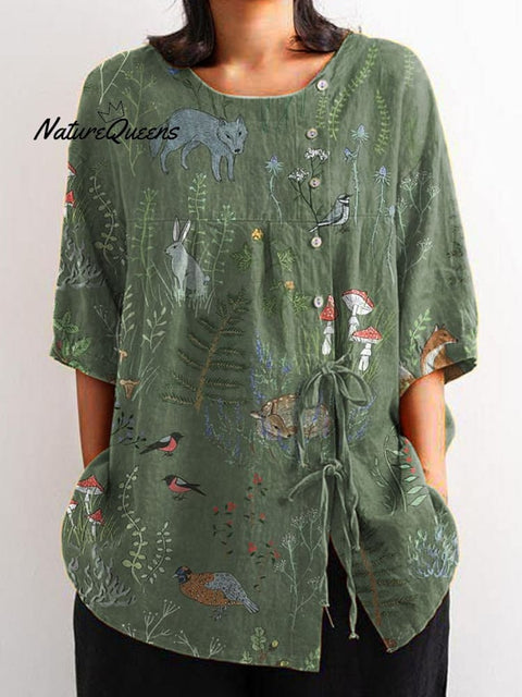 Woodland And Animals Repeat Pattern Printed Women's Casual Cotton And Linen Shirt