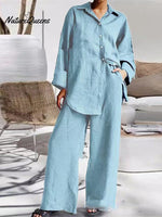 Women’s Nine - Quarter Sleeve Shirt And Trousers Two - Piece Suit Azureblue / S