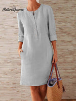 Spring Cotton And Linen Round Neck Long Sleeve Dress Grey / S