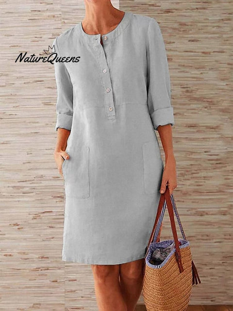 Spring Cotton And Linen Round Neck Long Sleeve Dress Grey / S