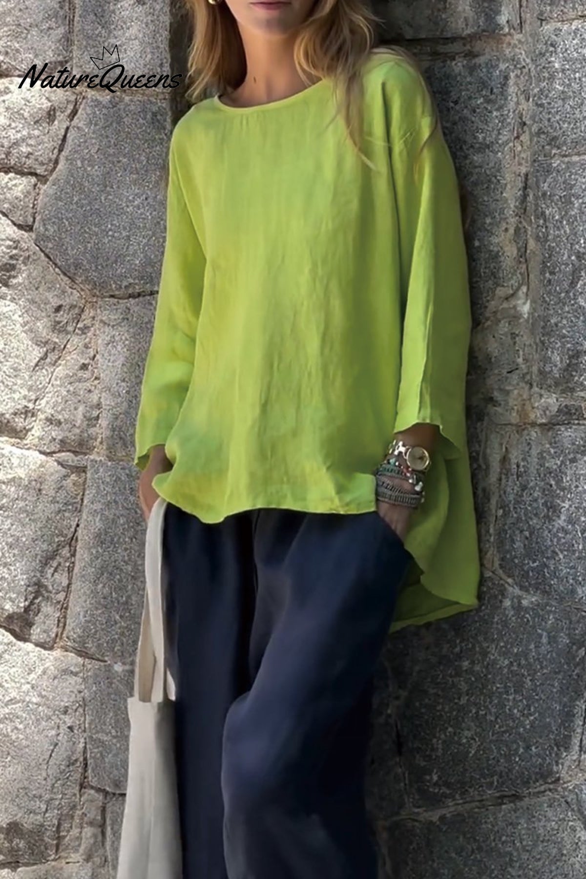 Solid Color Cotton And Linen Long Sleeve T-Shirt Lemon Green / S(Us 6-8)
