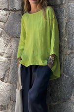 Solid Color Cotton And Linen Long Sleeve T-Shirt Lemon Green / S(Us 6-8)