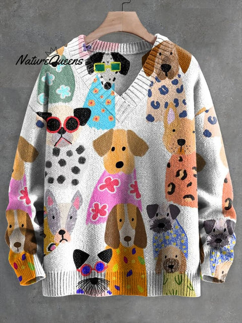 Men's V-neck Women's Colorful Fun Cartoon Puppy Print Long Sleeve Sweater