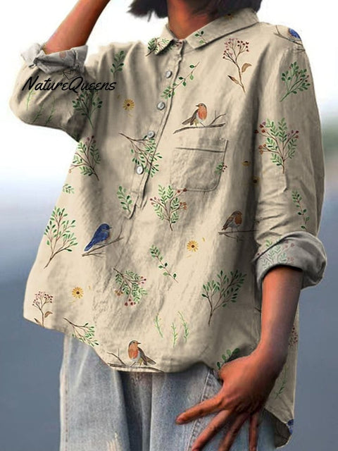 Boughs And Robin Birds Pattern Printed Women's Casual Cotton And Linen Shirt