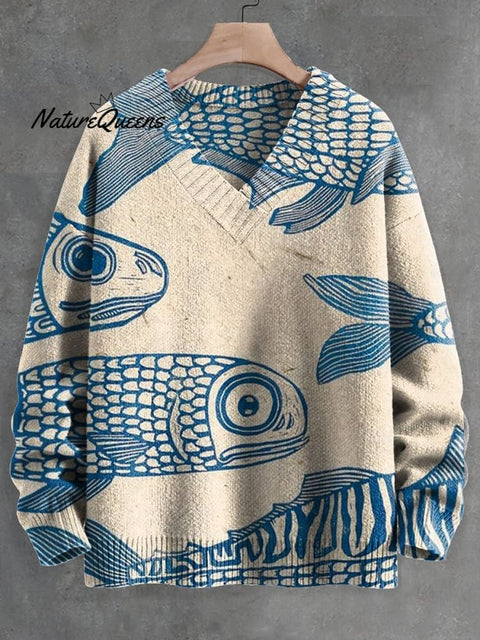 Men's V-neck Women's Blue Minimalist Line Fish Print Long Sleeve Sweater