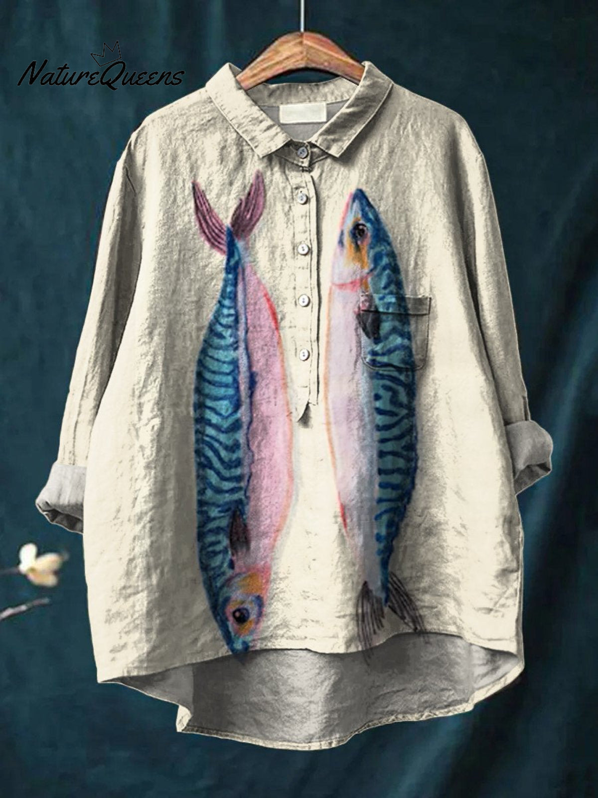Women's Fish Mackerel Vintage Fish Art Vintage Print Casual Cotton And Linen Shirt