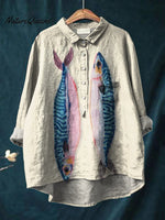 Women's Fish Mackerel Vintage Fish Art Vintage Print Casual Cotton And Linen Shirt