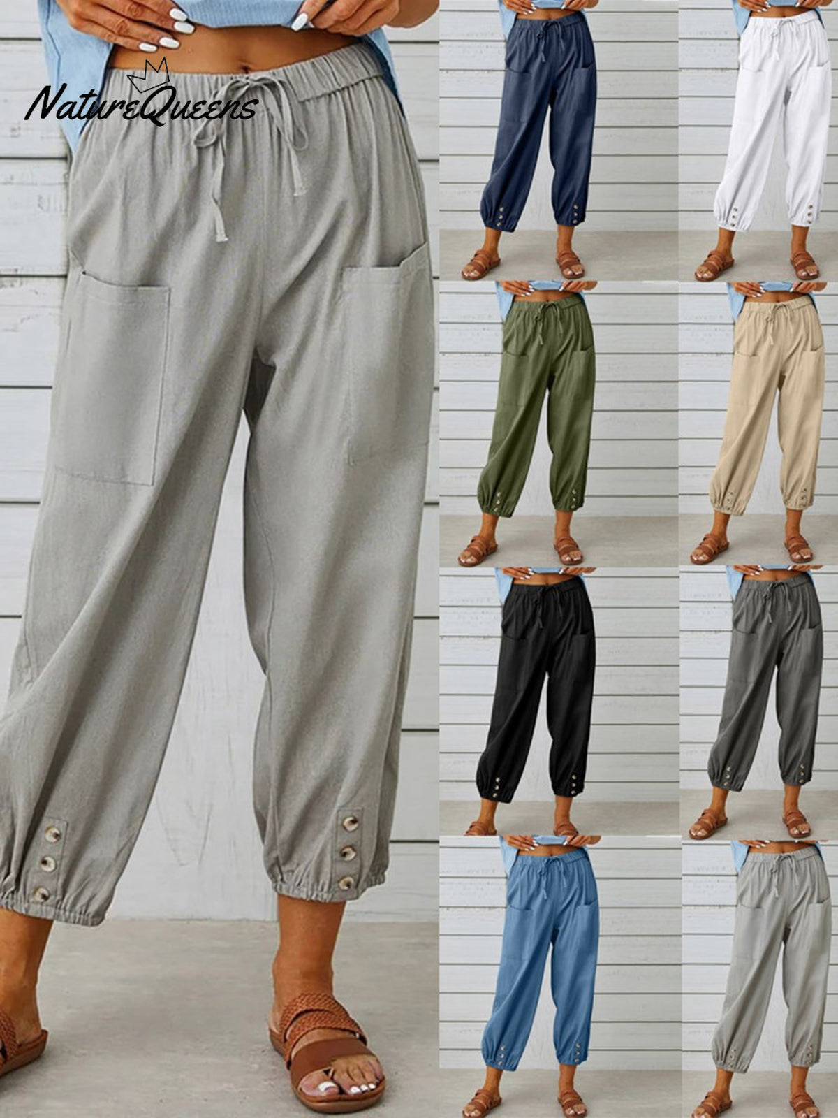 High - Waisted Buttoned Cotton And Linen Pants Cropped