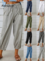 High - Waisted Buttoned Cotton And Linen Pants Cropped