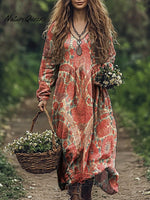 Women's Bohemian Ethnic Print V Neck Pocket Cotton Dress