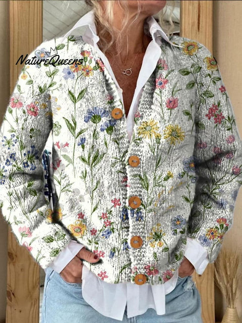 Women's Lovely Floral Art Print Buttoned Cardigan Sweater