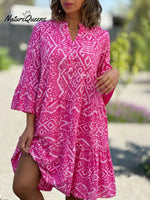 V-Neck Flare Sleeve Pattern Print Summer Dress