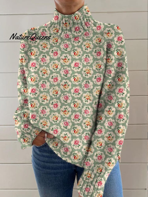 Women's Lovely Floral Art Print Knit Turtleneck Pullover Sweater