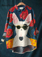 Women's Funny BullArt Print Casual Cotton And Linen Shirt