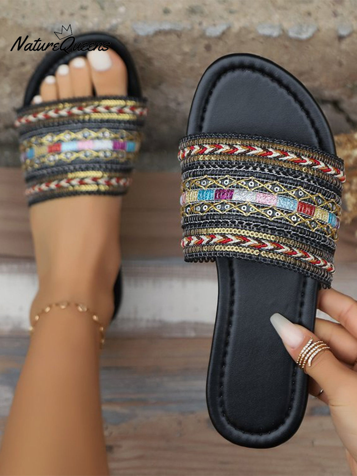 Women’s Pu Braided Bohemian Slippers Black / 36