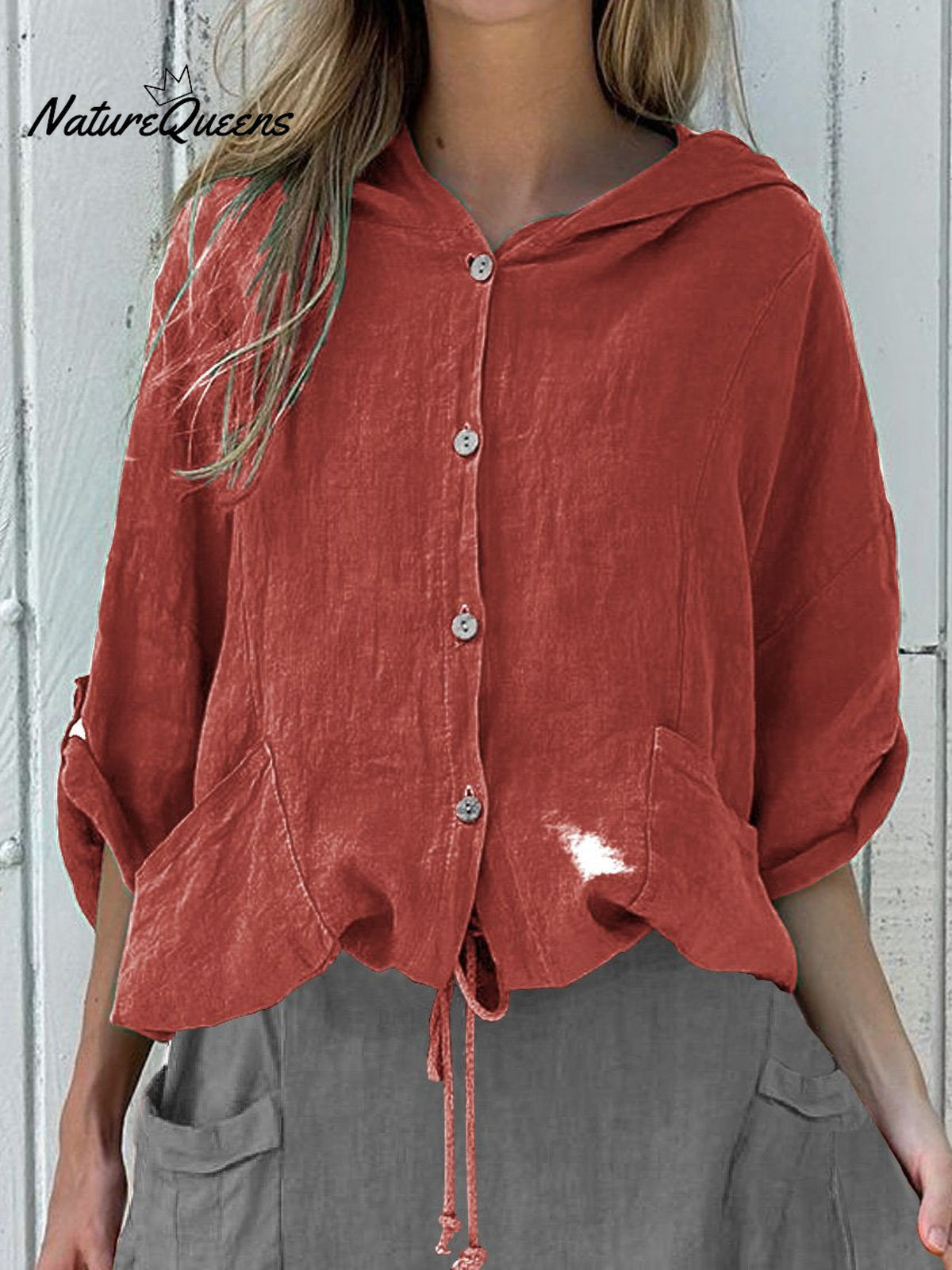 Women’s Hooded Drawstring Linen Casual Blouse Red / S