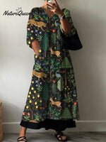 Women's Vintage Lovely Floral Animals Art Print Pocket V-neck Cotton Dress