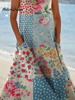 Women’s Retro Elegant Flowers Patchwork Art Print Casual Pocket Pinafore Linen Dress