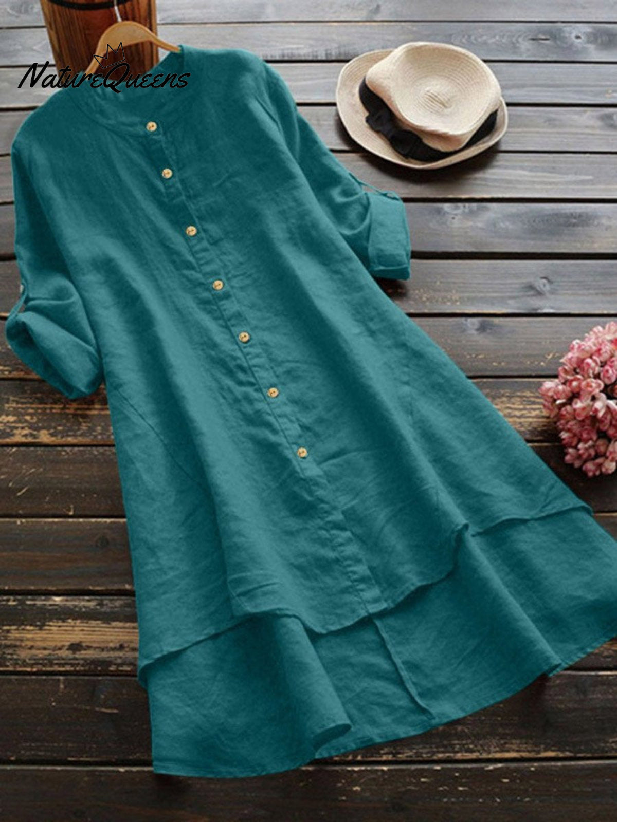 Women's Solid Color Loose Elegant Casual Cotton And Linen Shirt Dress