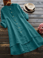 Women's Solid Color Loose Elegant Casual Cotton And Linen Shirt Dress