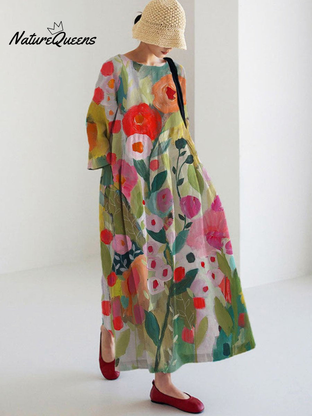 Women's Lovely Floral Art Print Large Size Loose Long Sleeve Casual Dress