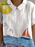 Sailing Little Boat Art Printed Women's Casual Cotton And Linen Shirt