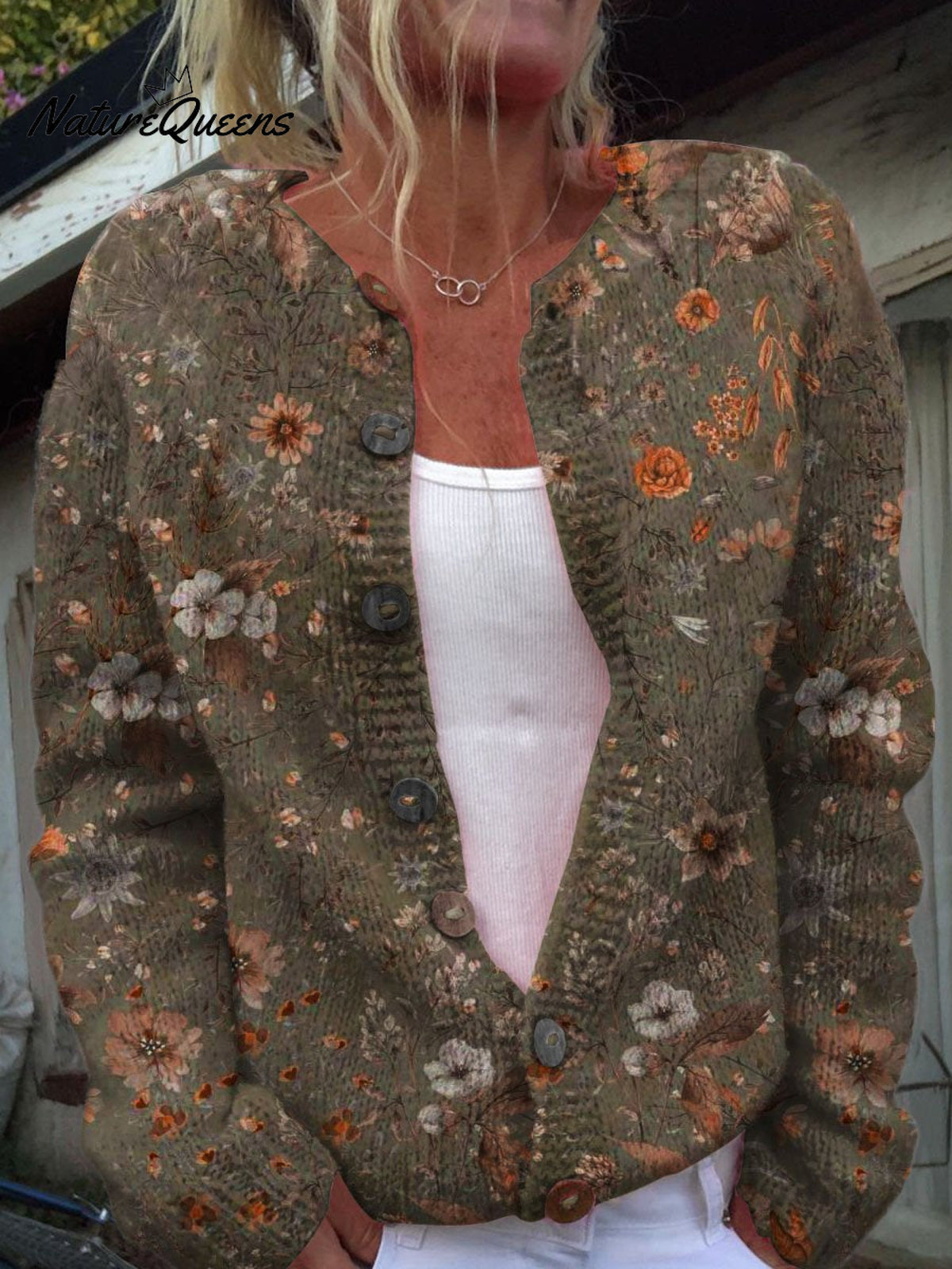 Floral Art Print Buttoned Cardigan Sweater