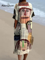 Women's Vintage Funny Abstract Figure Art Print Flowy Dress