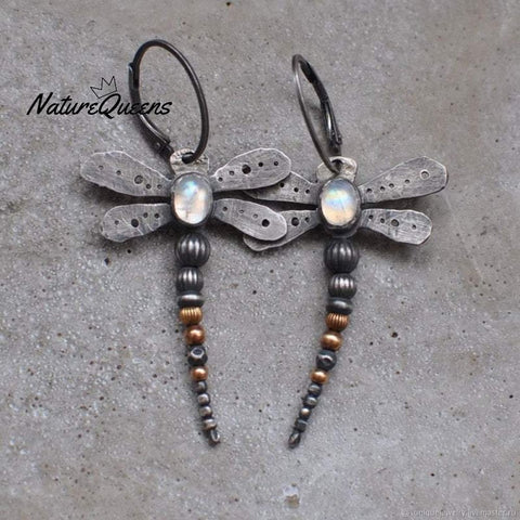 Round Moonstone Dragonfly Earrings