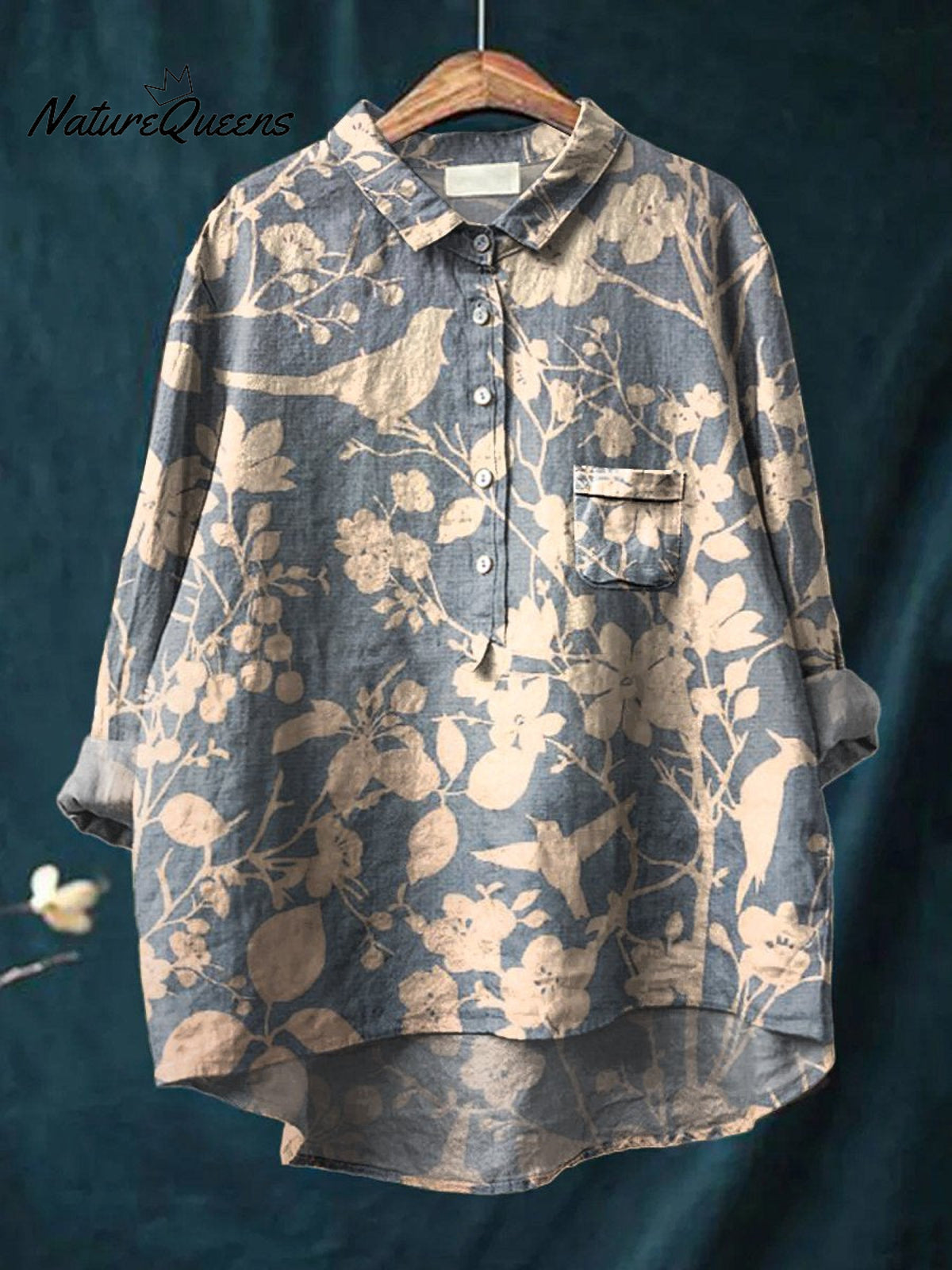 Women's Retro White Flower and Bird Print On Blue Background Print Casual Cotton And Linen Shirt