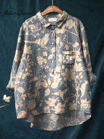 Women's Retro White Flower and Bird Print On Blue Background Print Casual Cotton And Linen Shirt