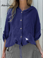 Women’s Hooded Drawstring Linen Casual Blouse Blue / S
