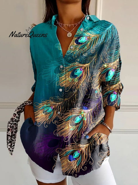 Women's Peacock Feathers Art Print Casual Cotton Shirt