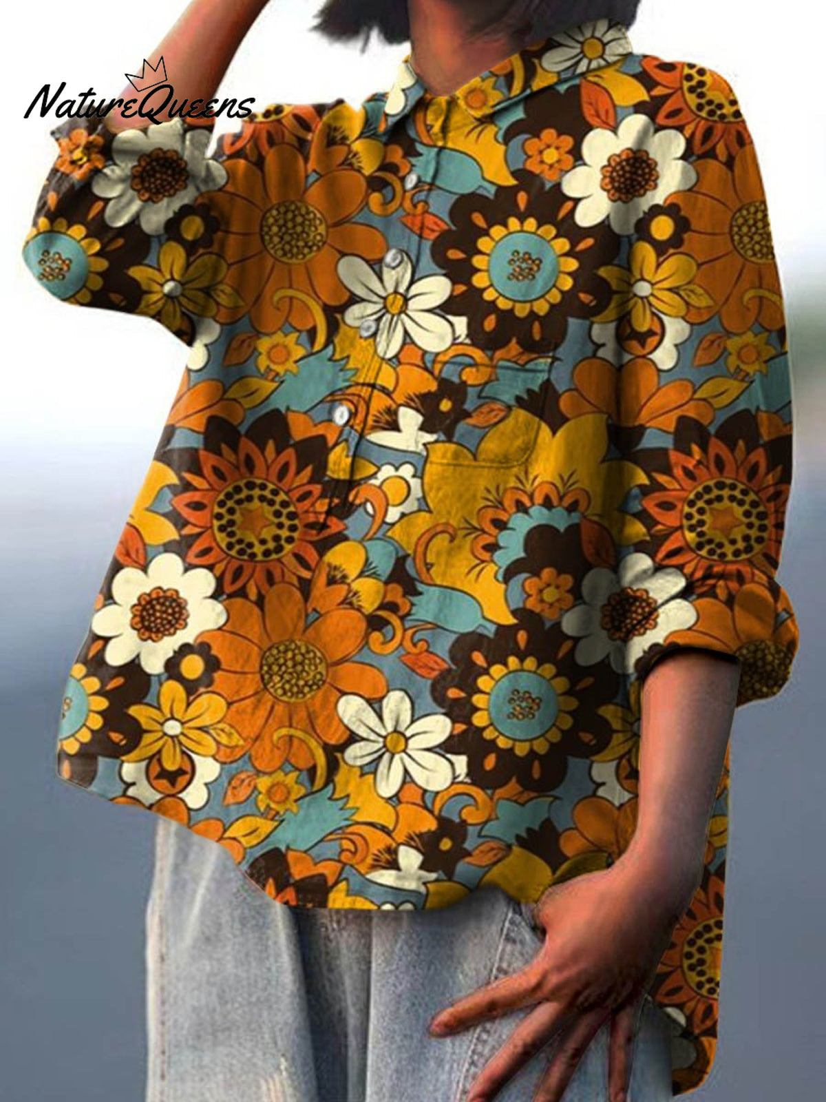 Women's Vintage Lovely Flowers Art Print Casual Cotton And Linen Shirt