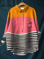 Women's Abstrct Art Print Casual Cotton And Linen Shirt