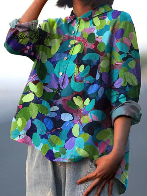 Summer Forest Art Printed Women's Casual Cotton And Linen Shirt