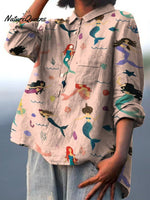 Mermaids Having Fun In The Sea Decorative Pattern Casual Cotton And Linen Shirt