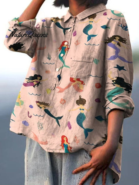 Mermaids Having Fun In The Sea Decorative Pattern Casual Cotton And Linen Shirt