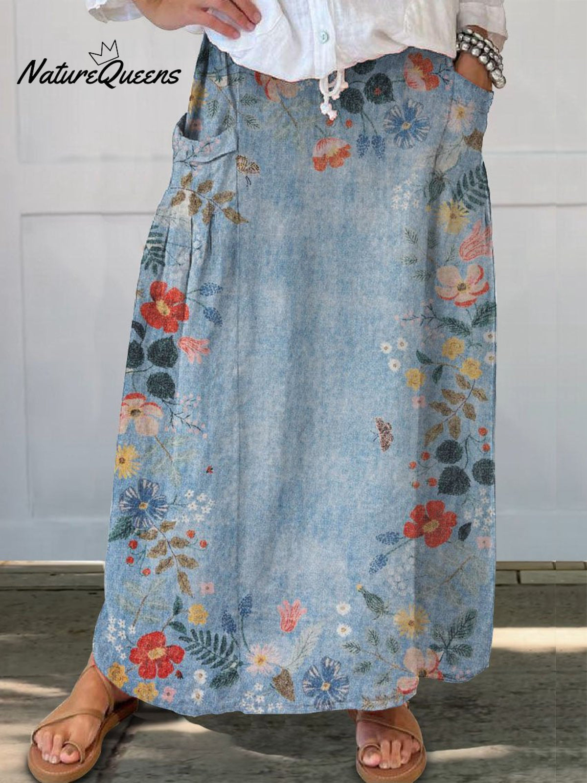 Women’s Retro Floral Art Print Linen Pocket Skirt Blue / S