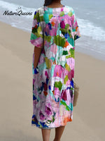 Oil Painting Abstract Floral Garden Printed Women's Flowy Dress